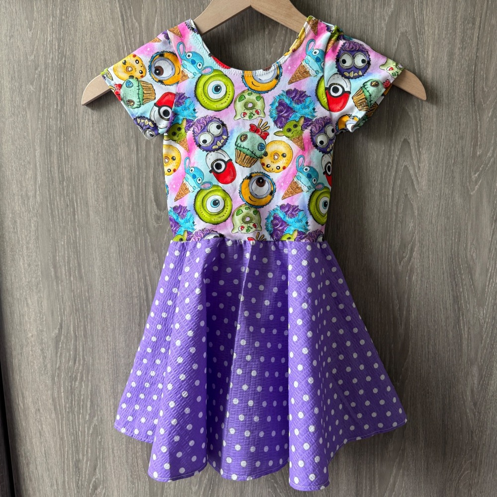 Handmade Custom Disney Monster Print Dress Girl 4/5 Purple Polka Dot Disneybound